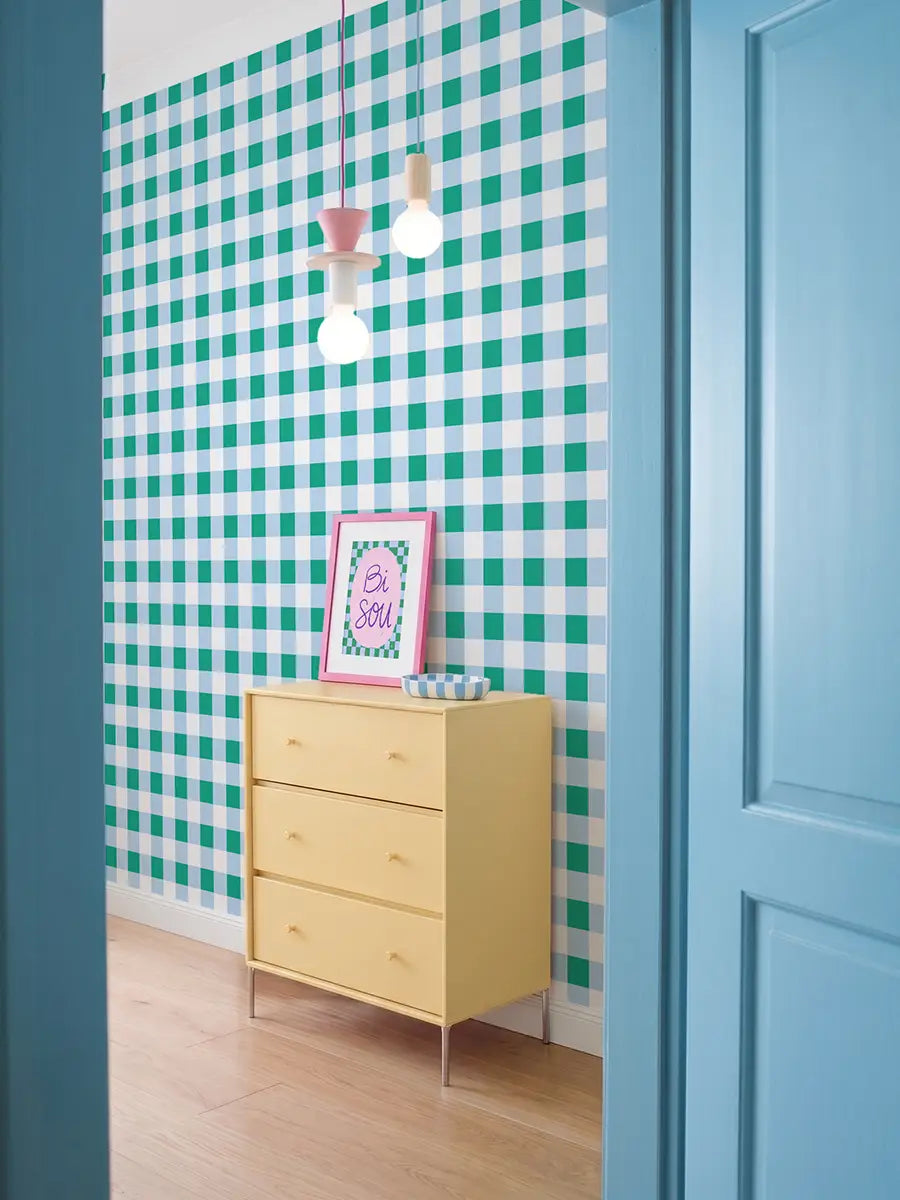 Papier peint Vichy Bleu et Vert dans une entrée