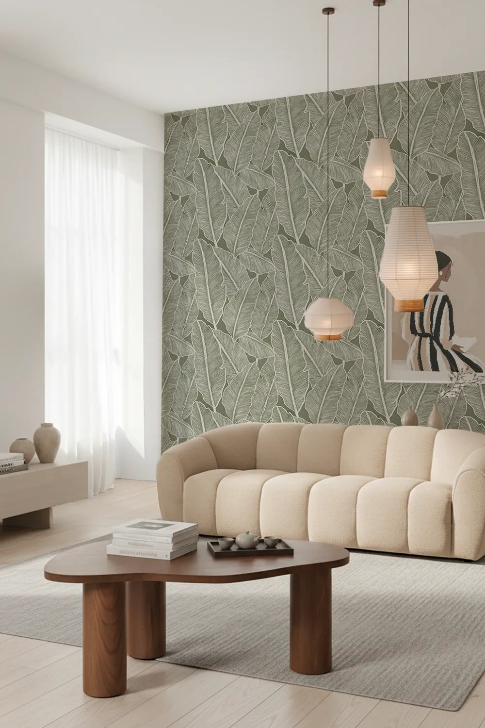 Le papier peint végétal Nervures dans un salon Japandi