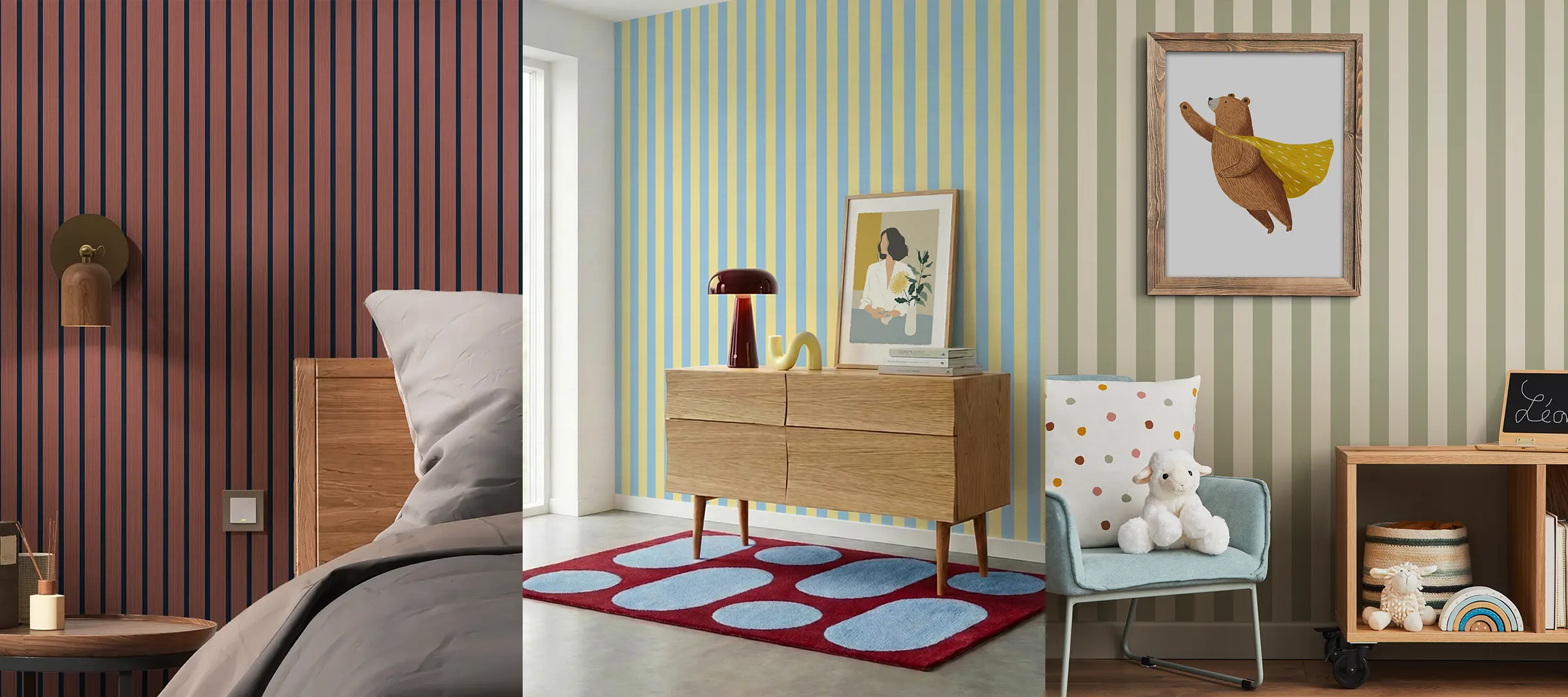 Des rayures en papier peint dans un salon, une chambre et une chambre enfant.