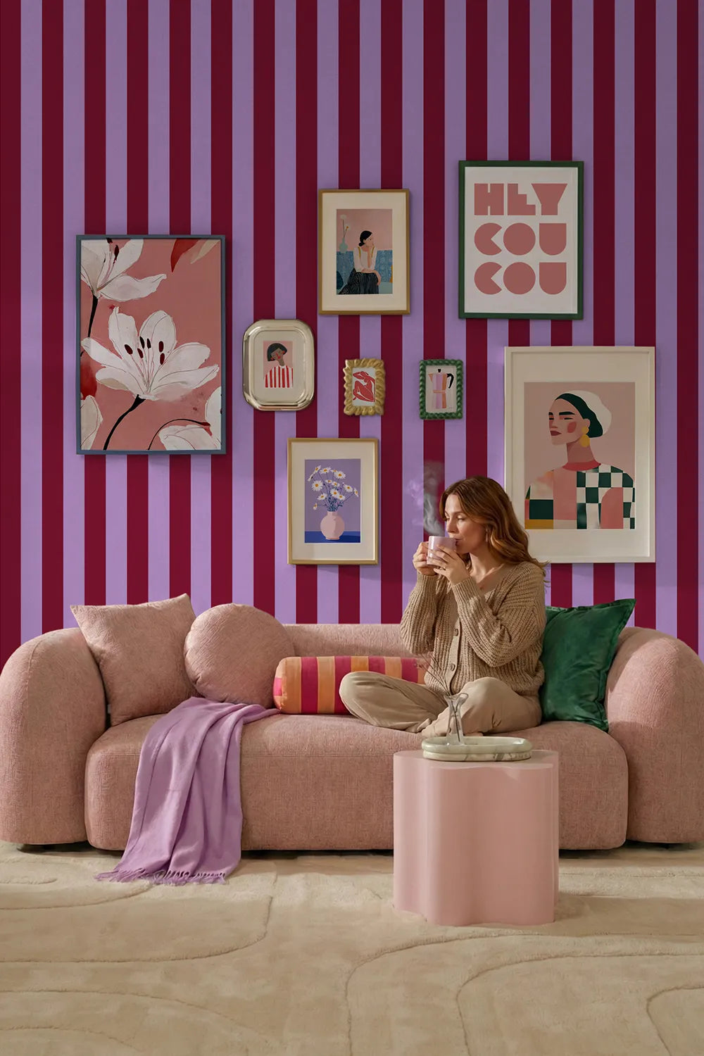 Papier peint Rayures Rouge et Lilas