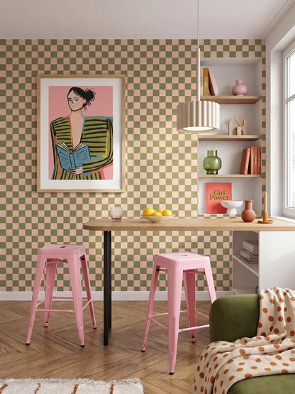 Papier peint Damier Olive/Rose