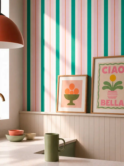 Papier peint rayures Gelato Vert et Rose