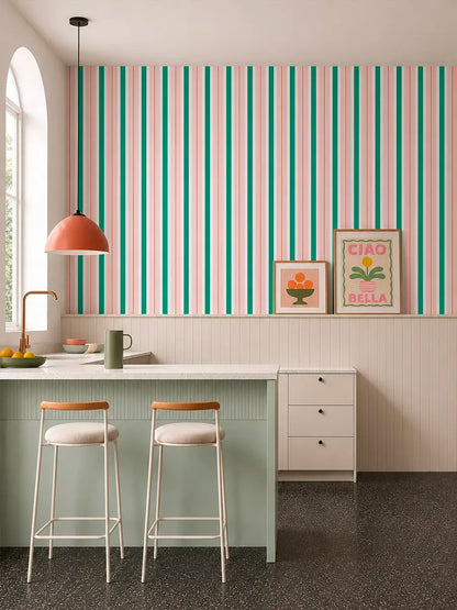 Papier peint rayures Gelato Vert et Rose