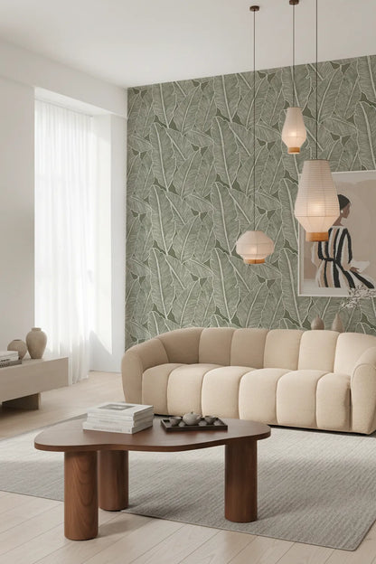 Le papier peint végétal Nervures dans un salon Japandi